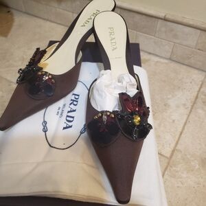 Prada Women's Dark Brown Embellished Mules